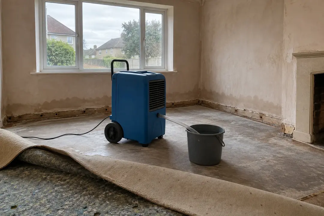 Industrial dehumidifier drying out a room after a water leak