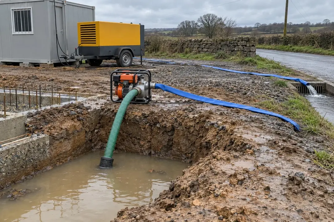 Site generator and water pump with a blue hose pumping out a trench