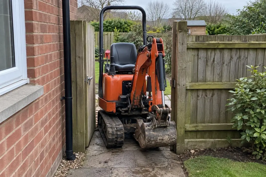 Compact micro digger driving through a narrow garden side gate