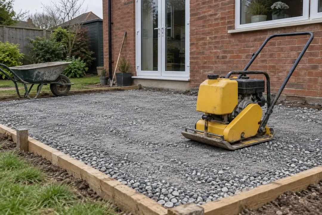 Wacker plate on a levelled stone sub-base for a new garden patio